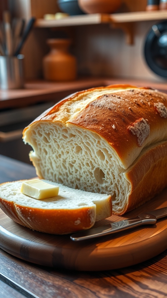 Traditional Dutch Bread Recipe A golden-brown loaf of Dutch bread sliced on a cutting board with butter on the side.